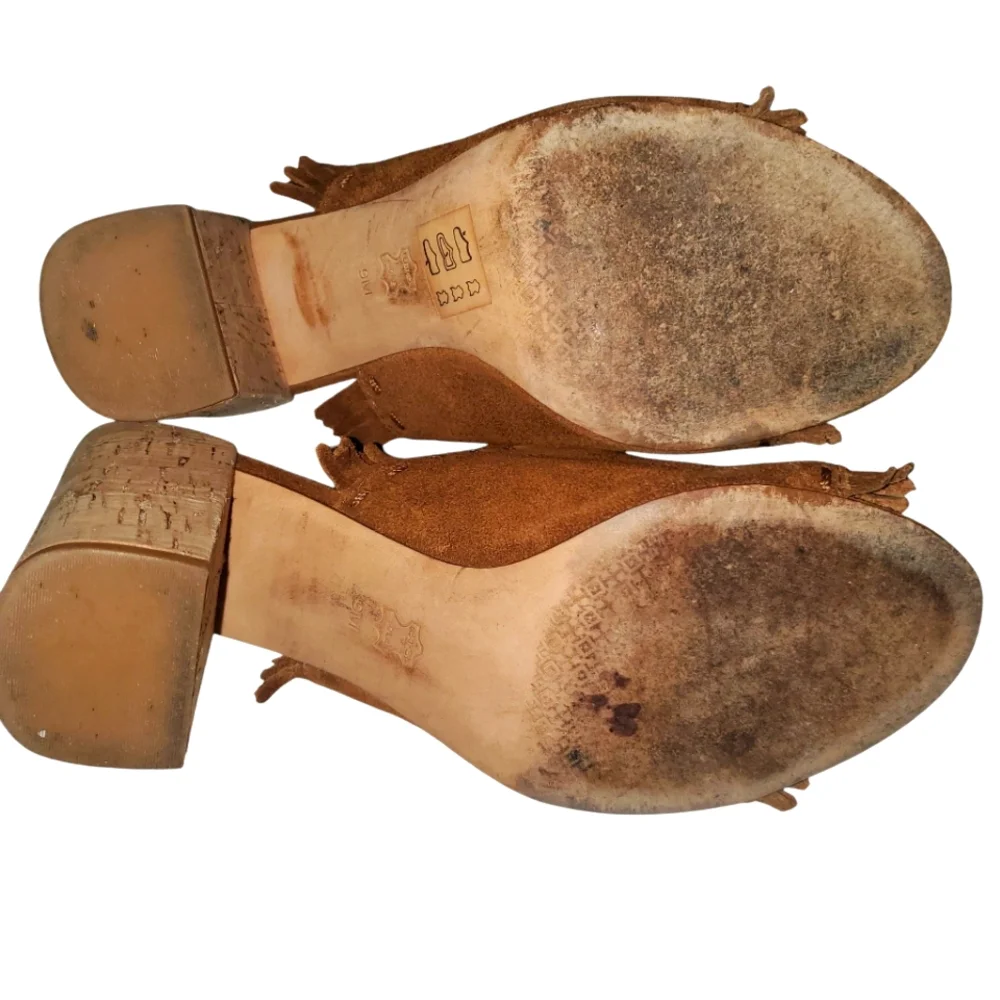 TORY BURCH Huntington Brown Suede Fringe Cork Block Heel Slide-on Sandal Size 9M
